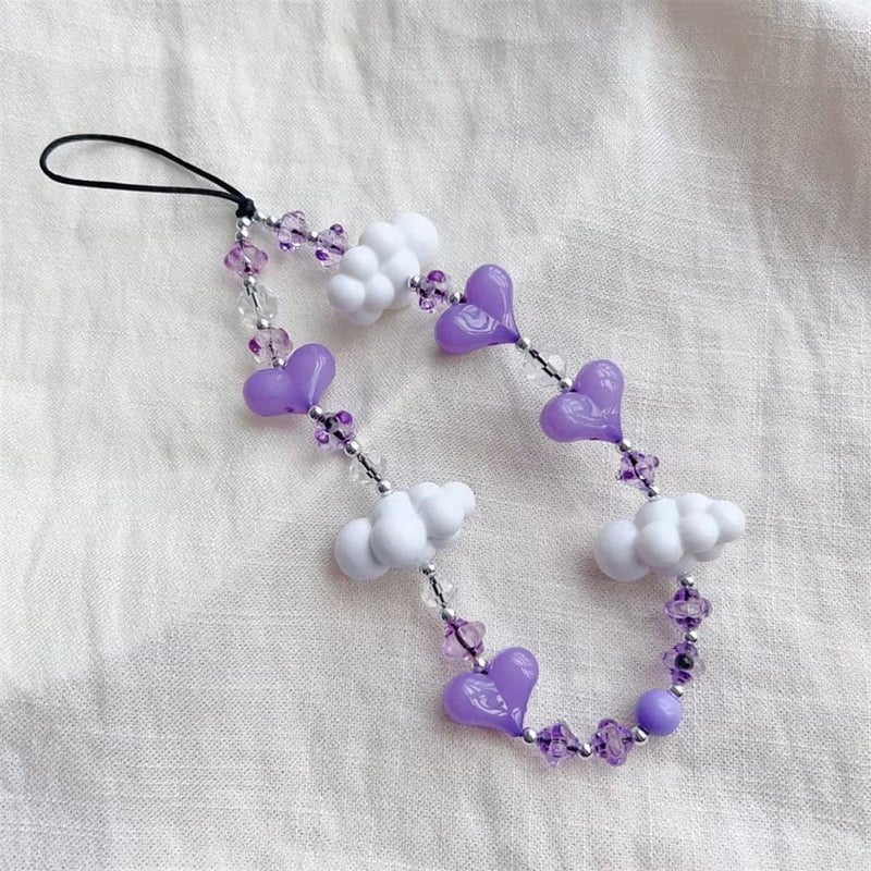 WCCH Beaded Phone Charm Y2K Kawaii Handmade Acrylic Phone Lanyard Wrist Strap for Camera Bag Airpods Keychain Charm Purple Heart with White Clouds - Image 3